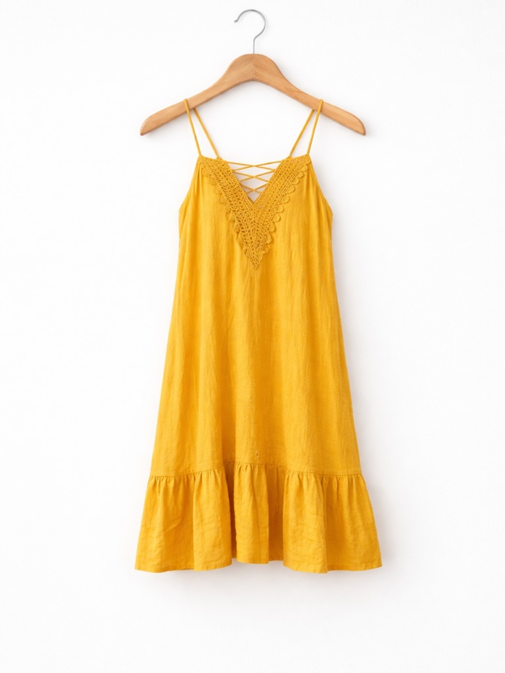 Entro Mustard Yellow Lace Trim Swing Dress Halter Back Boho Size Medium